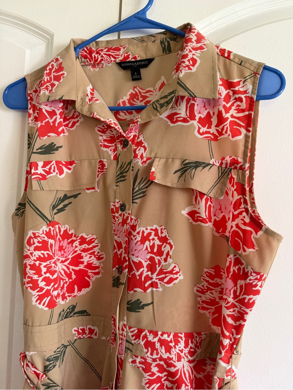 Banana Republic Beige Midi Dress Red Floral Print Classy Belt Preppy Summer